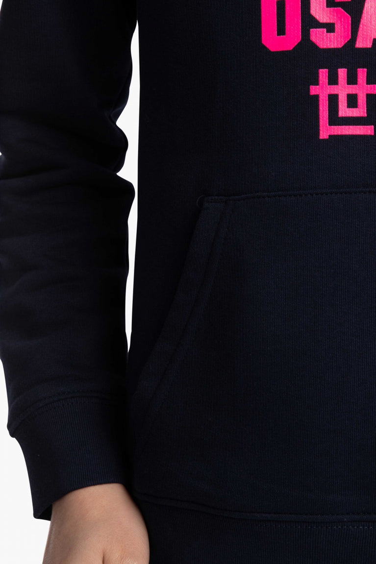 Osaka kids hoodie in navy with pink star logo. Detail view sleeve