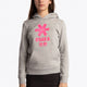Girl wearing the Osaka kids hoodie in grey with pink star logo. Front view