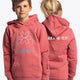 Boy and girl wearing the Osaka kids trace hoodie in cranberry with logo in white and blue. Front and back view