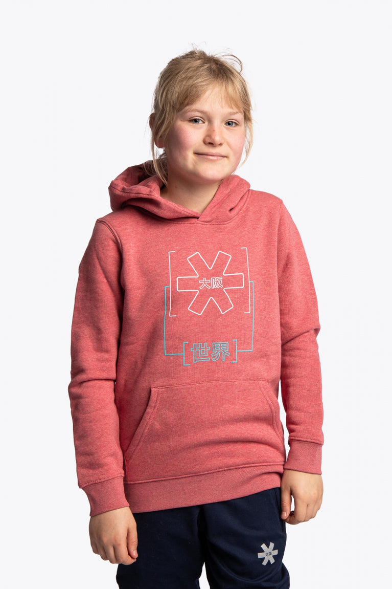 Girl wearing the Osaka kids trace hoodie in cranberry with logo in white and blue. Front and back view