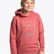 Girl wearing the Osaka kids trace hoodie in cranberry with logo in white and blue. Front and back view