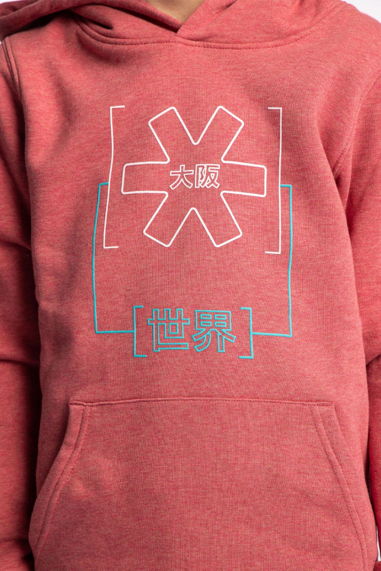 Osaka kids trace hoodie in cranberry with logo in white and blue. Detail view logo