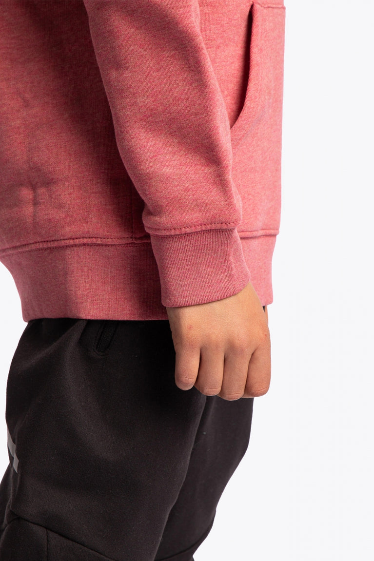 Osaka kids trace hoodie in cranberry with logo in white and blue. Detail view sleeve