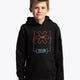 Boy wearing the Osaka kids trace hoodie in black with logo in orange and blue. Front view