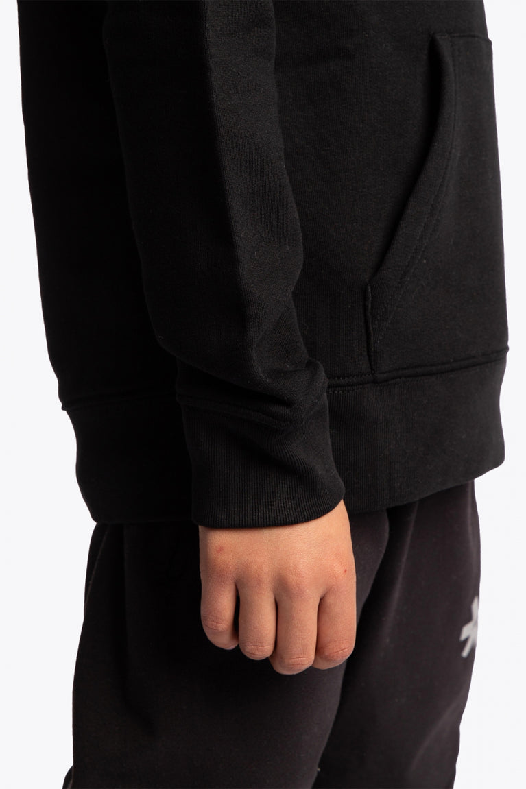 Osaka kids trace hoodie in black with logo in orange and blue. Sleeve view