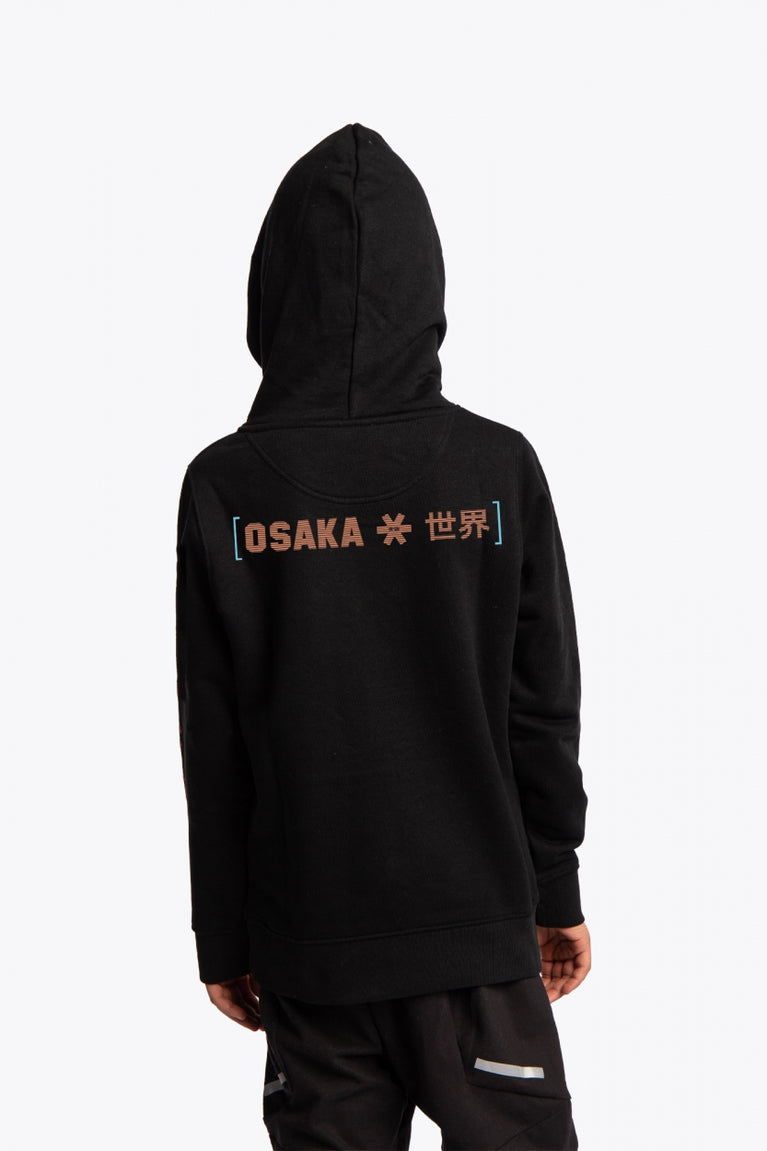 Osaka kids hoodie in black with logo in orange and blue. Back view