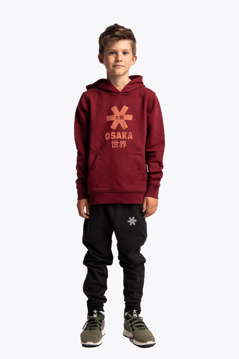 Boy wearing the Osaka kids vintage hoodie in burgundy with logo in orange. Front full view