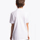 Boy wearing the Osaka kids polo in white with logo in black. Back view