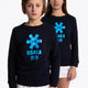 Boy and girl wearing the Osaka kids sweater in navy with logo in blue. Front view