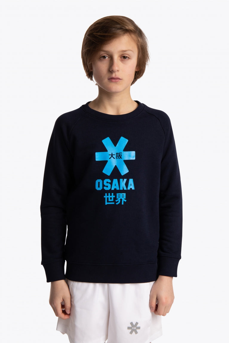 Boy wearing the Osaka kids sweater in navy with logo in blue. Front view