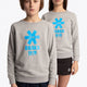 Boy and girl wearing the Osaka kids sweater in grey with logo in blue. Front view