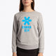 Girl wearing the Osaka kids sweater in grey with logo in blue. Front view