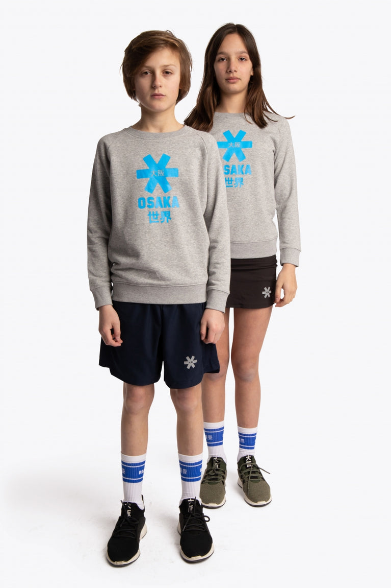 Boy and girl wearing the Osaka kids sweater in grey with logo in blue. Front full view