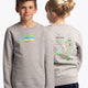 Boy and girl wearing the Osaka kids pacs sweater in navy with multicolor logo pac-man style. Front view