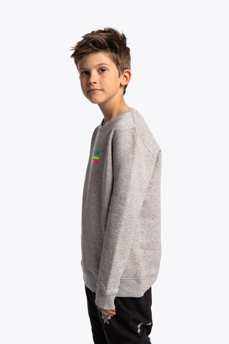 Boy wearing the Osaka kids pacs sweater in navy with multicolor logo pac-man style. Side view