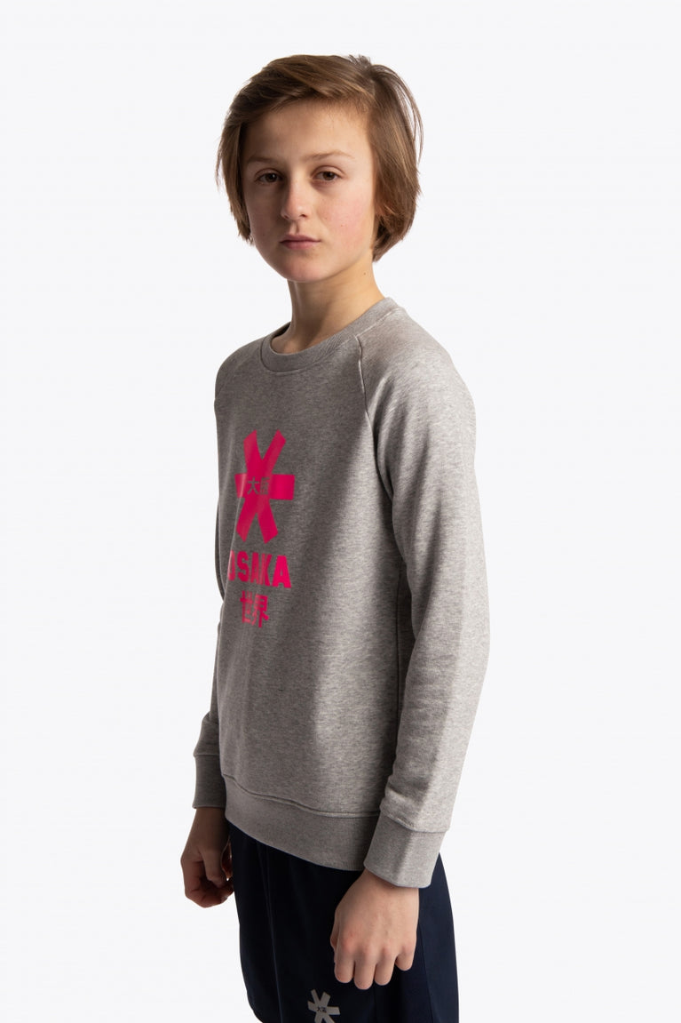 Boy wearing the Osaka kids sweater in grey with pink logo. Side/front view
