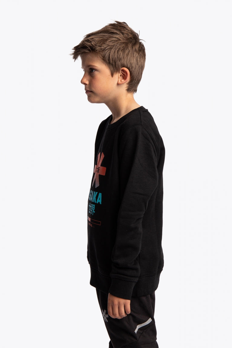 Boy wearing the Osaka kids pixo sweater in black with orange and blue logo. Side view