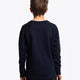 Boy wearing the Osaka kids worldcup sweater in navy with orange logo. Back view