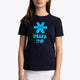 Girl wearing the Osaka kids tee short sleeve navy with logo in blue. Front view