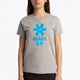 Girl wearing the Osaka kids tee short sleeve grey with logo in blue. Front view