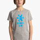 Boy wearing the Osaka kids tee short sleeve grey with logo in blue. Front view