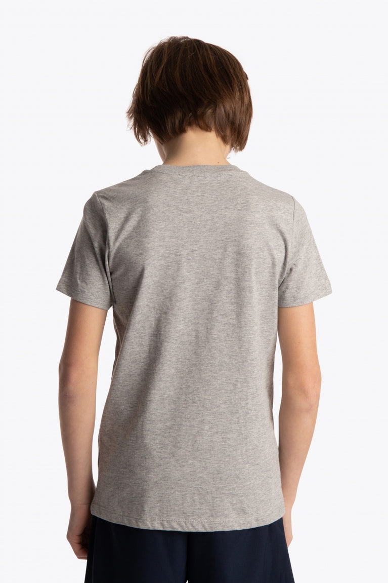 Boy wearing the Osaka kids tee short sleeve grey with logo in blue. Back view