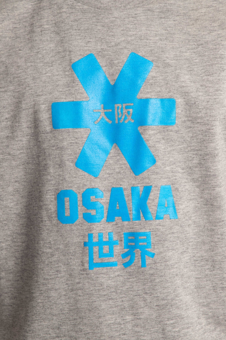 Osaka kids tee short sleeve grey with logo in blue. Detail view logo