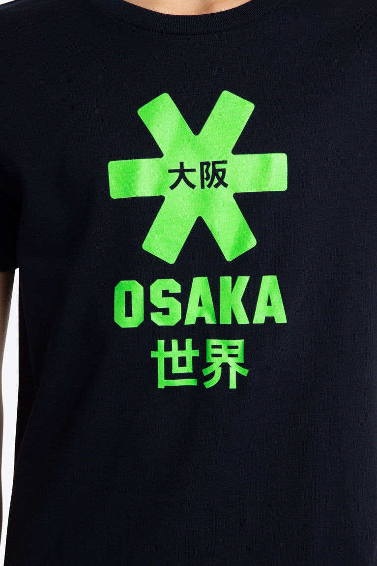 Osaka kids tee short sleeve navy with logo in green. Detail view logo