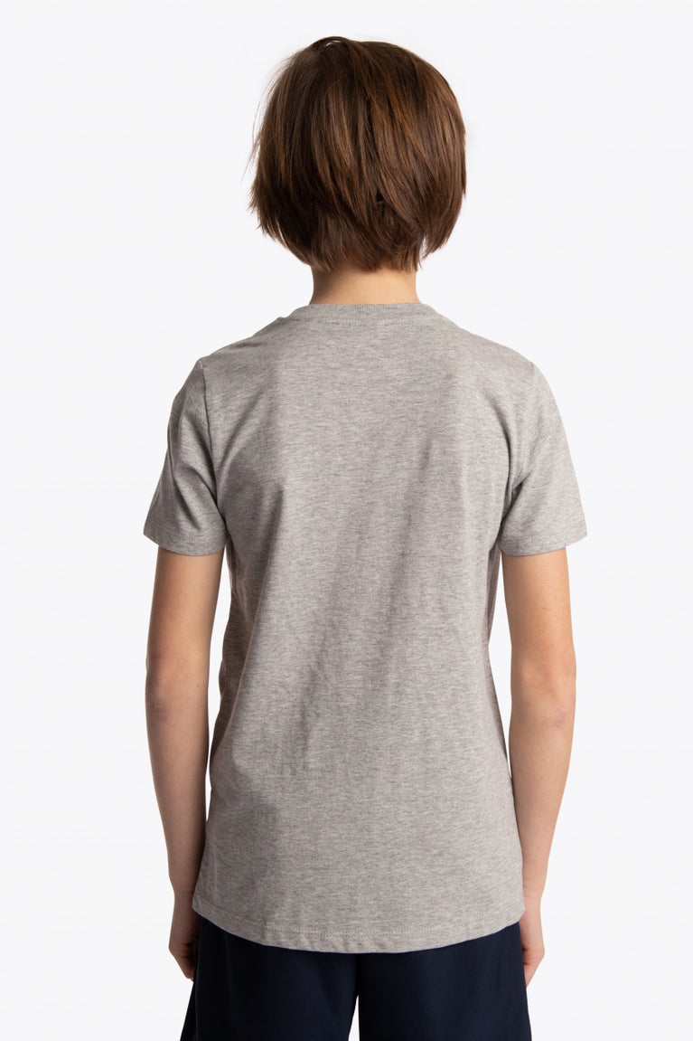 Boy wearing the Osaka kids tee short sleeve grey with logo in green. Back view