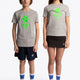 Boy and girl wearing the Osaka kids tee short sleeve grey with logo in green. Front full view