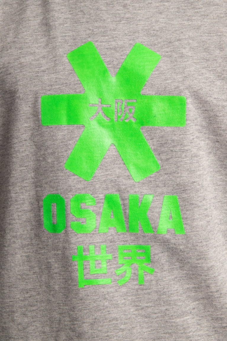 Osaka kids tee short sleeve grey with logo in green. Detail view logo