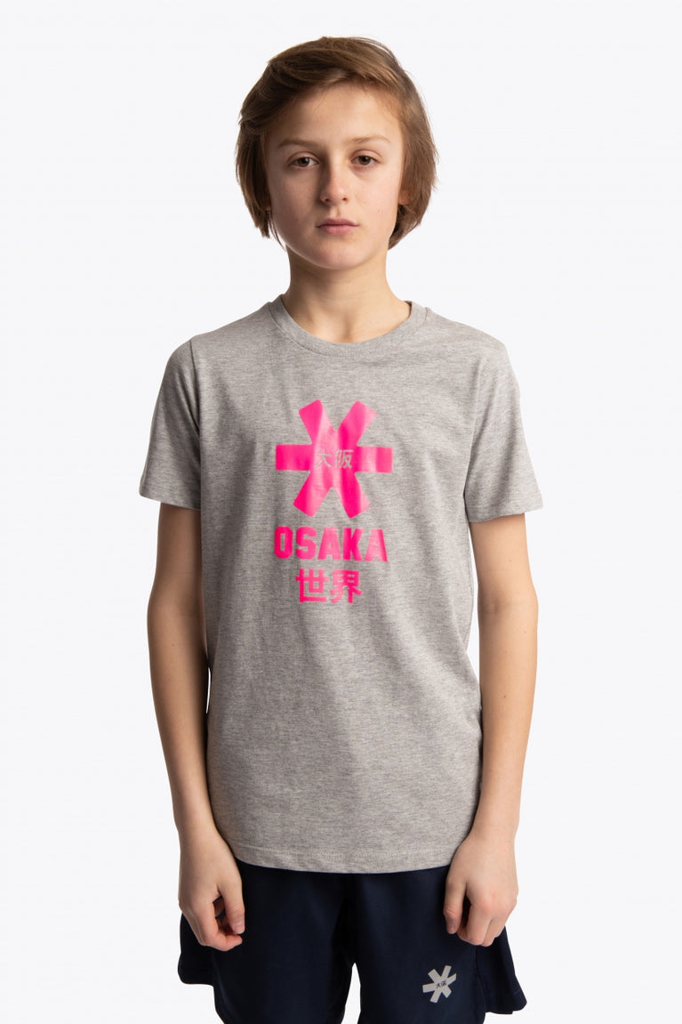 Boy wearing the Osaka kids tee short sleeve grey with logo in pink. Front view
