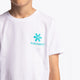 Boy wearing the Osaka kids service games tee short sleeve white with logo in blue. Detail view logo front