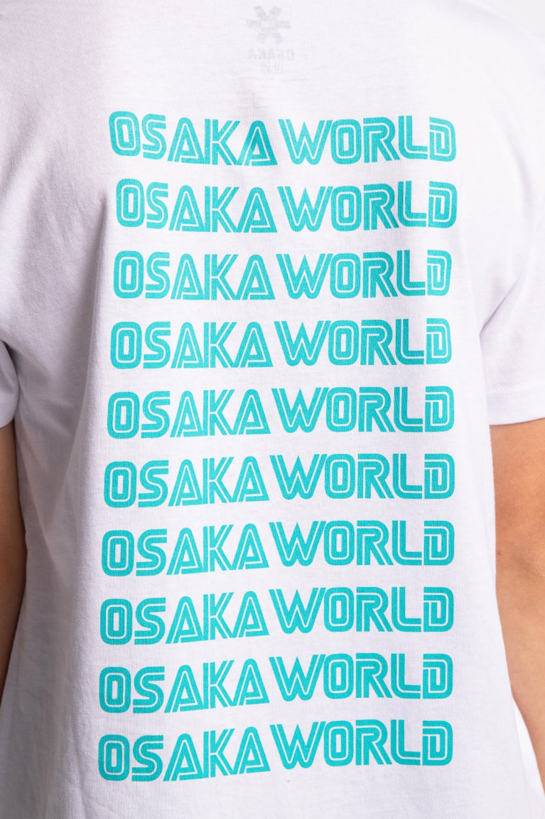 Osaka kids service games tee short sleeve white with logo in blue. Detail view logo back
