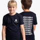 Boy and girl wearing the Osaka kids service games tee short sleeve navy with logo in white. Front and back view