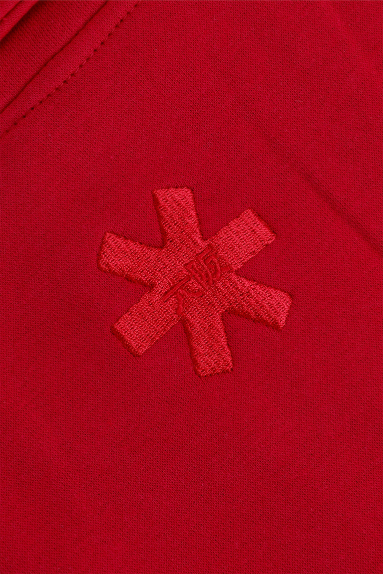 Osaka women half zip sweater in red with white logo. Back detail logo view