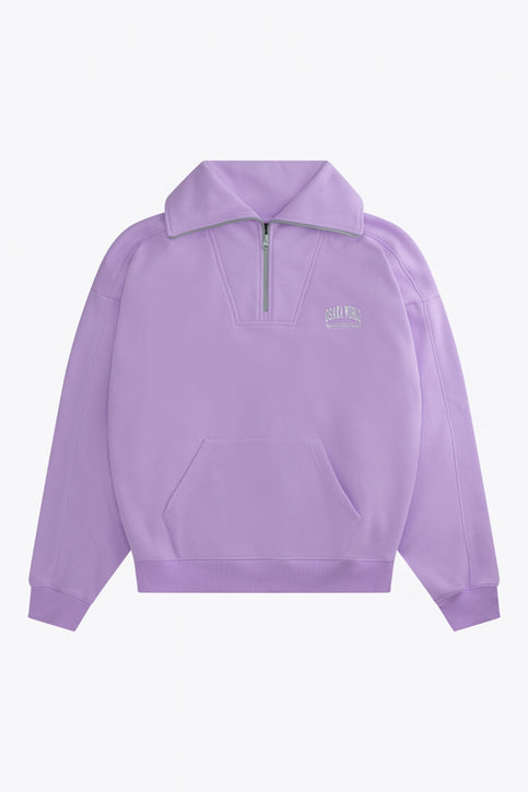 Osaka women half zip sweater in light purple with white logo. Front flatlay view