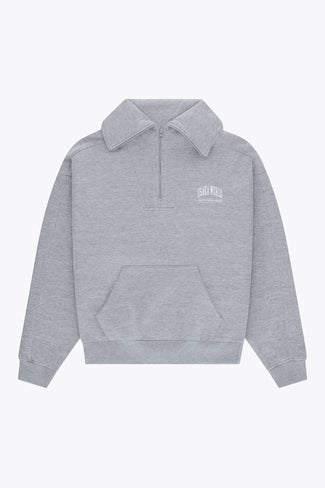 Farbe Damen-Pullover mit halbem Reißverschluss Osaka women half zip sweater in heather grey with white logo. Front flatlay view