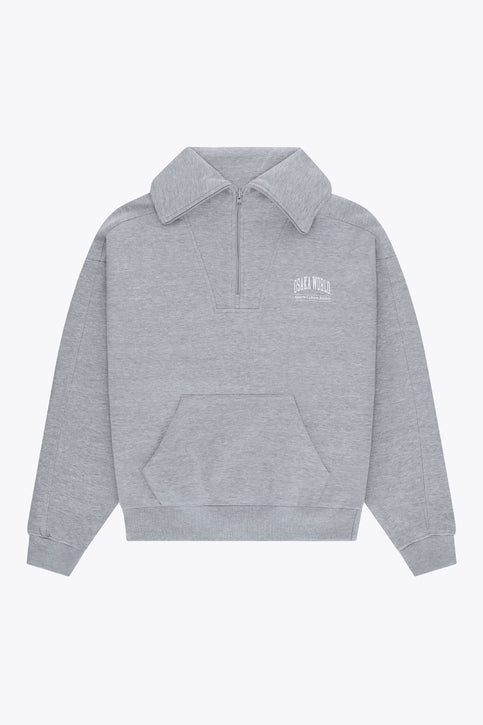Osaka women half zip sweater in heather grey with white logo. Front flatlay view