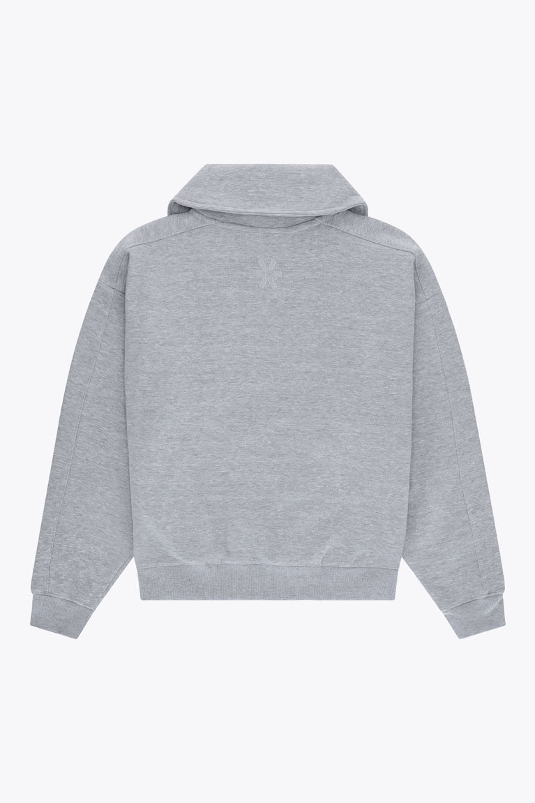 Osaka women half zip sweater in heather grey with white logo. Back flatlay view