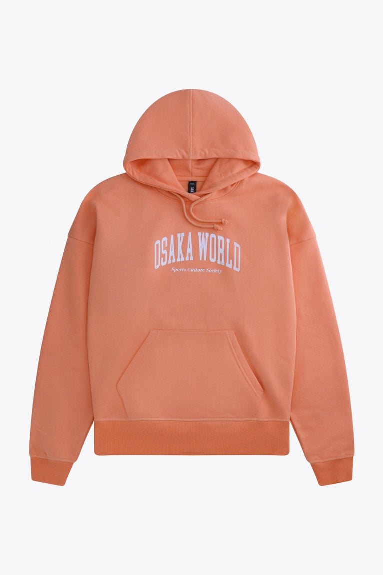 Osaka women hoodie in peach with white logo. Front flatlay view