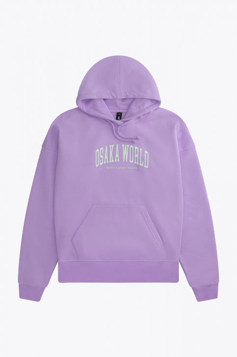 Osaka women hoodie in light purple with white logo. Front flatlay view