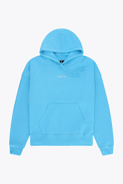 Osaka women hoodie in light blue with white logo. Front flatlay view