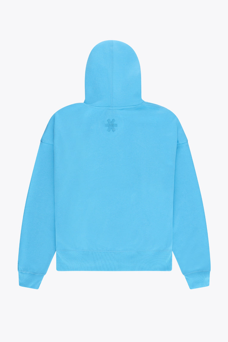 Osaka women hoodie in light blue with white logo. Back flatlay view