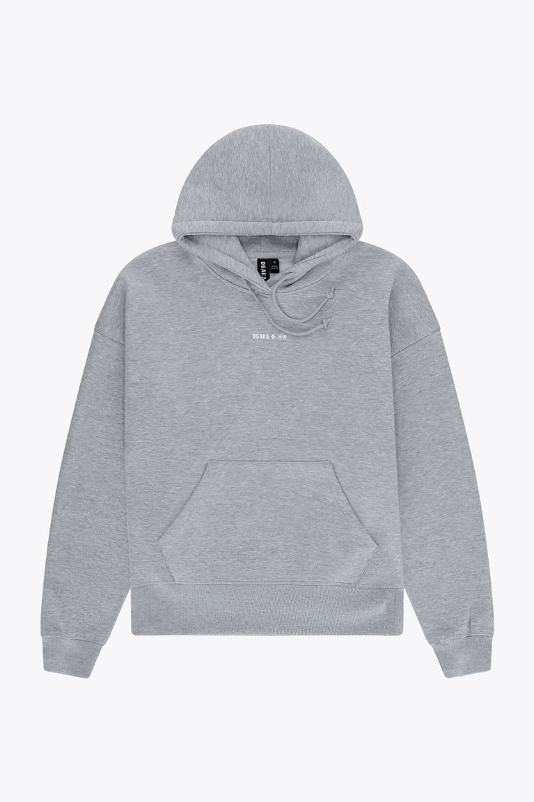 Osaka women hoodie in heather grey with white logo. Front flatlay view