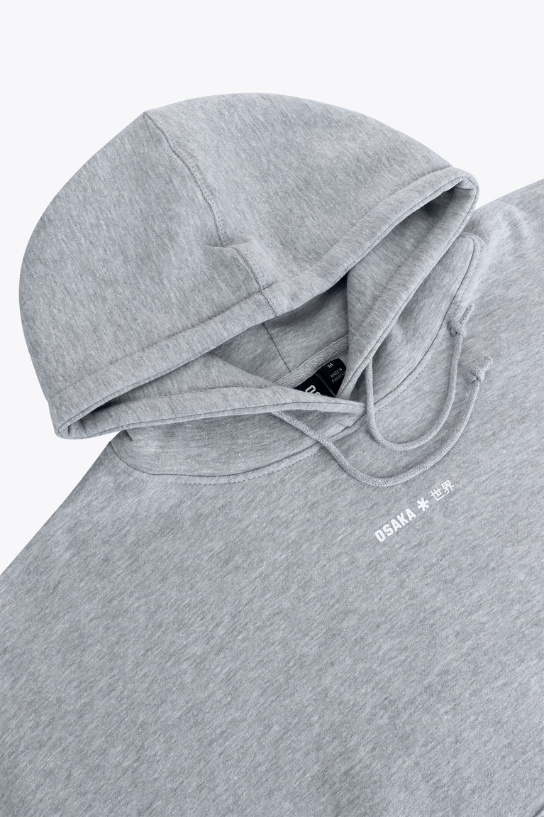 Osaka women hoodie in heather grey with white logo. Front detail neck view