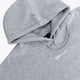 Osaka women hoodie in heather grey with white logo. Front detail neck view