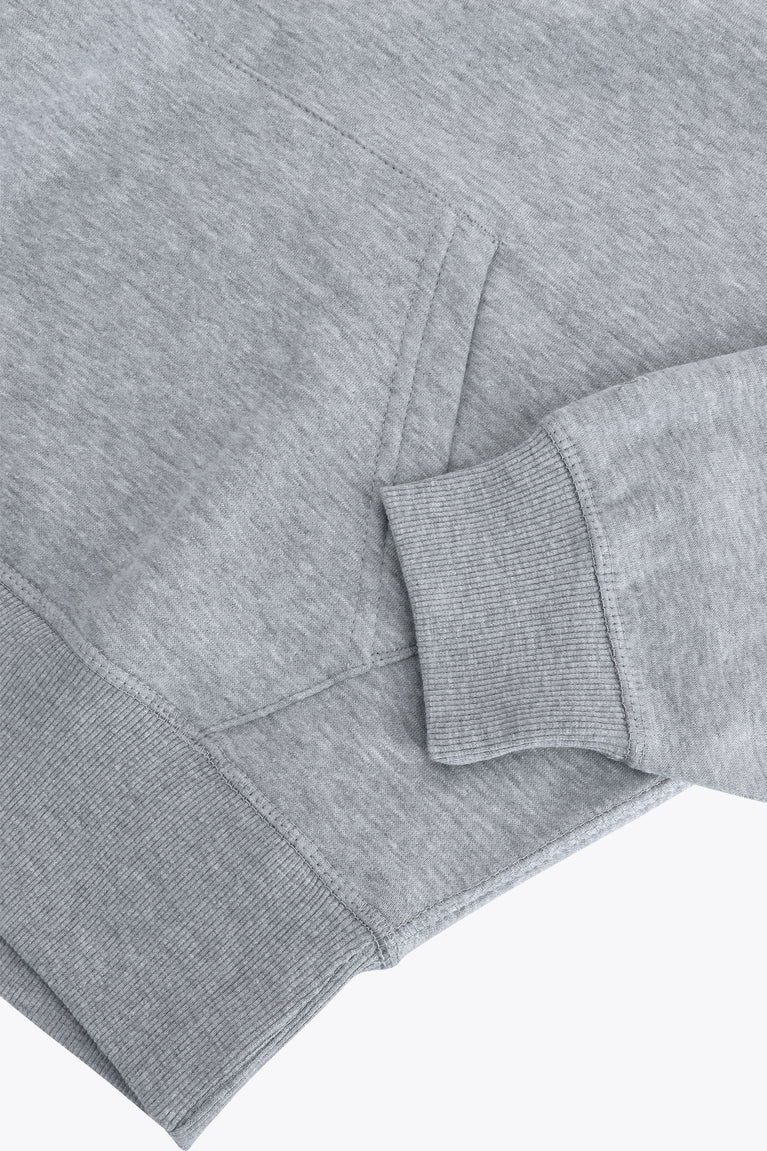 Osaka women hoodie in heather grey with white logo. Front detail sleeve view