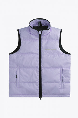 Osaka women padded gilet in purple with grey logo. Front flatlay view