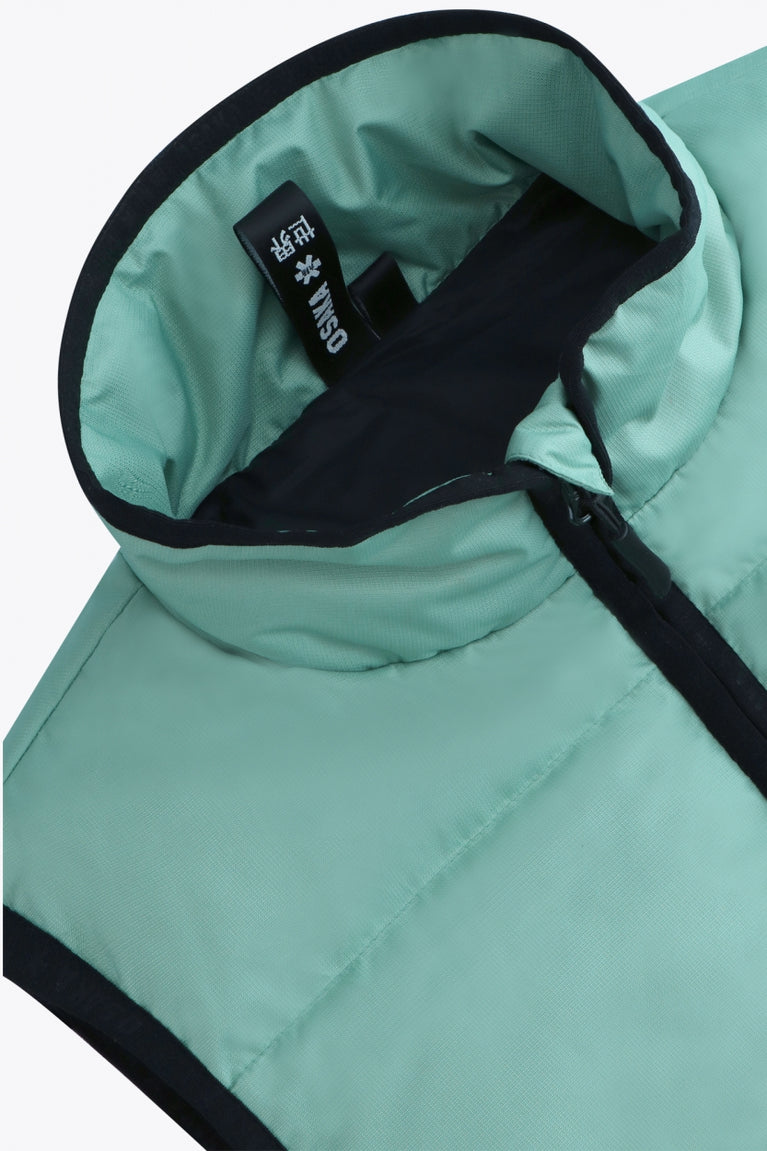 Osaka women padded gilet in green with grey logo. Front flatlay detail neckview
